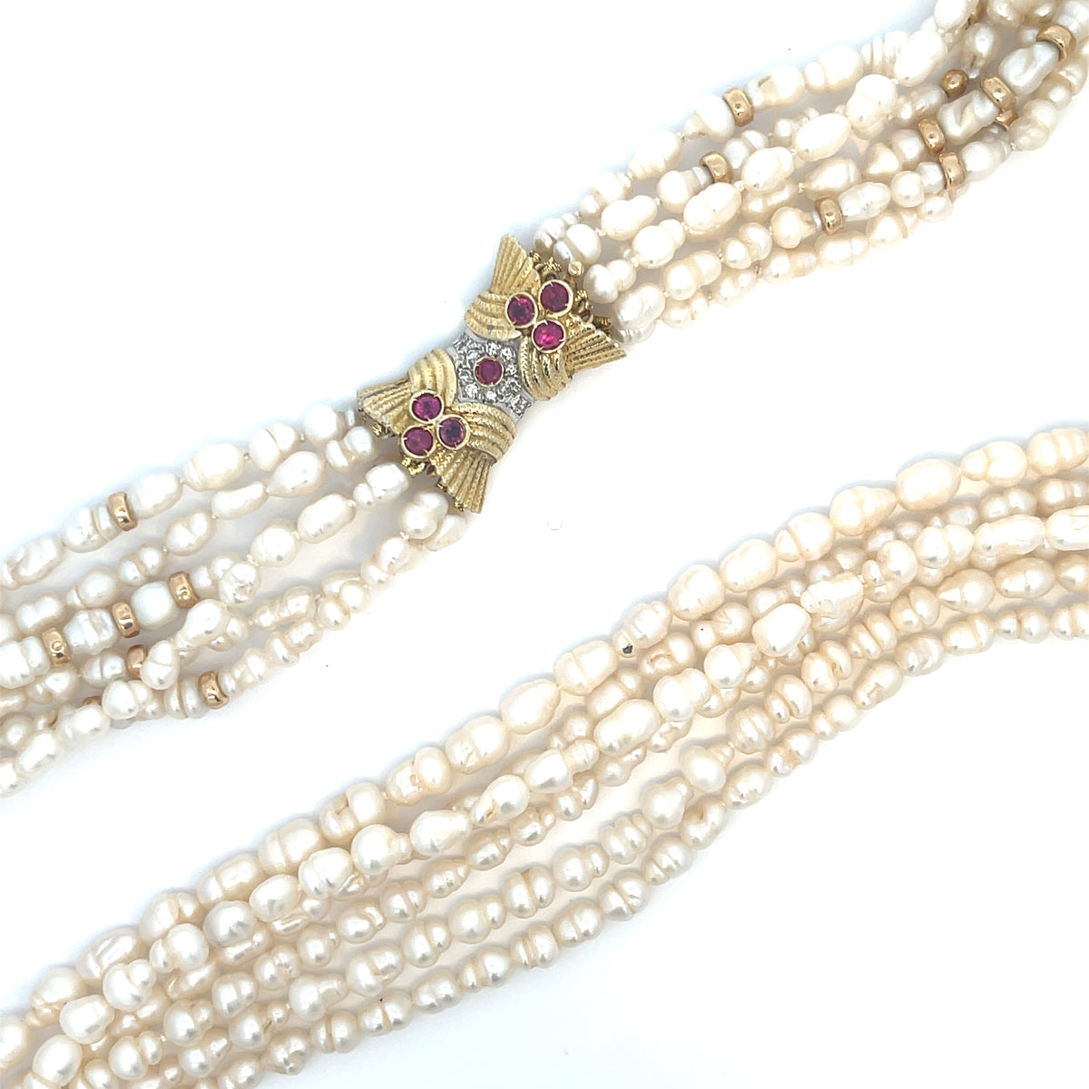 Six Strand Pearl Necklace 14K Yellow Gold Skibell Fine Jewelry